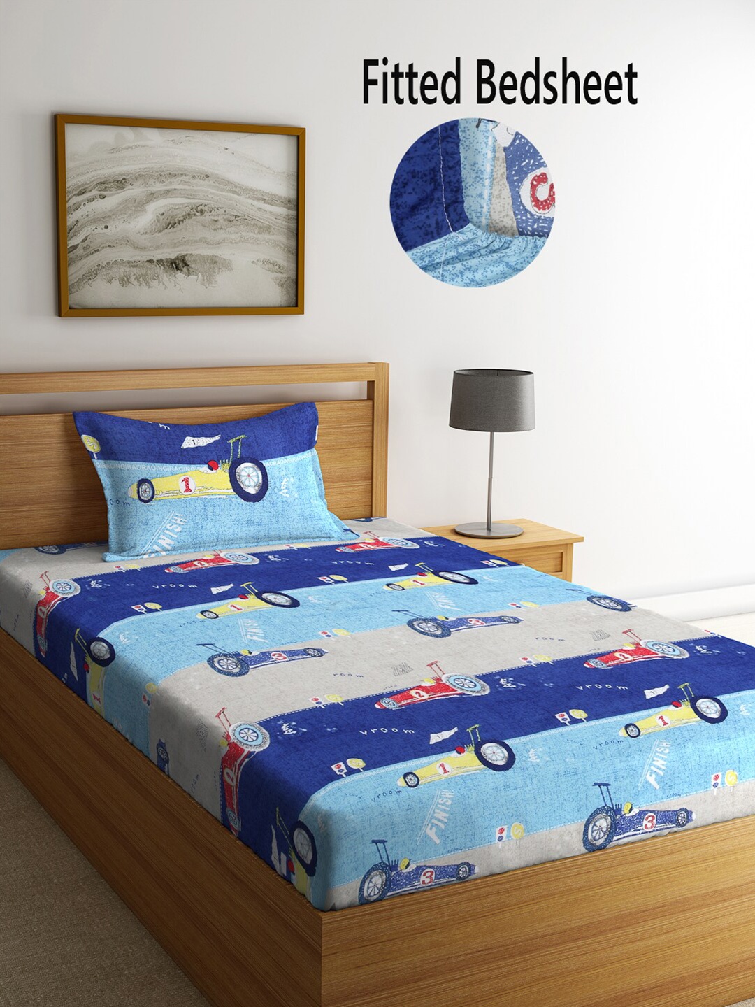 

FABINALIV Blue & Red Graphic 300 TC Fitted Single Bedsheet With 1 Pillow Cover