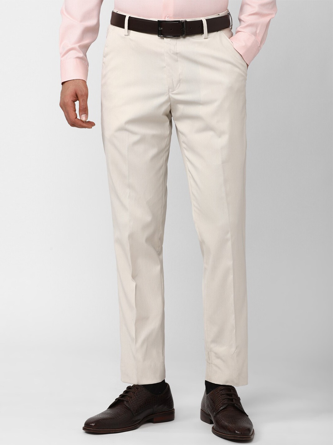 

Peter England Men Textured Slim Fit Formal Trousers, Cream