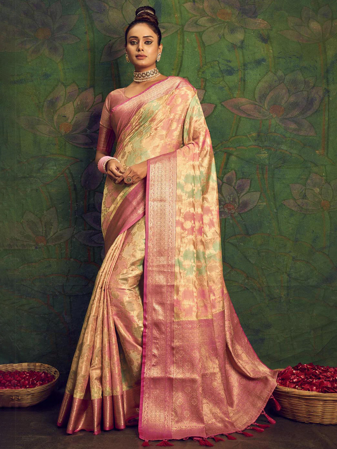 

Mitera Gold-Toned & Pink Ethnic Motifs Woven Design Zari Saree
