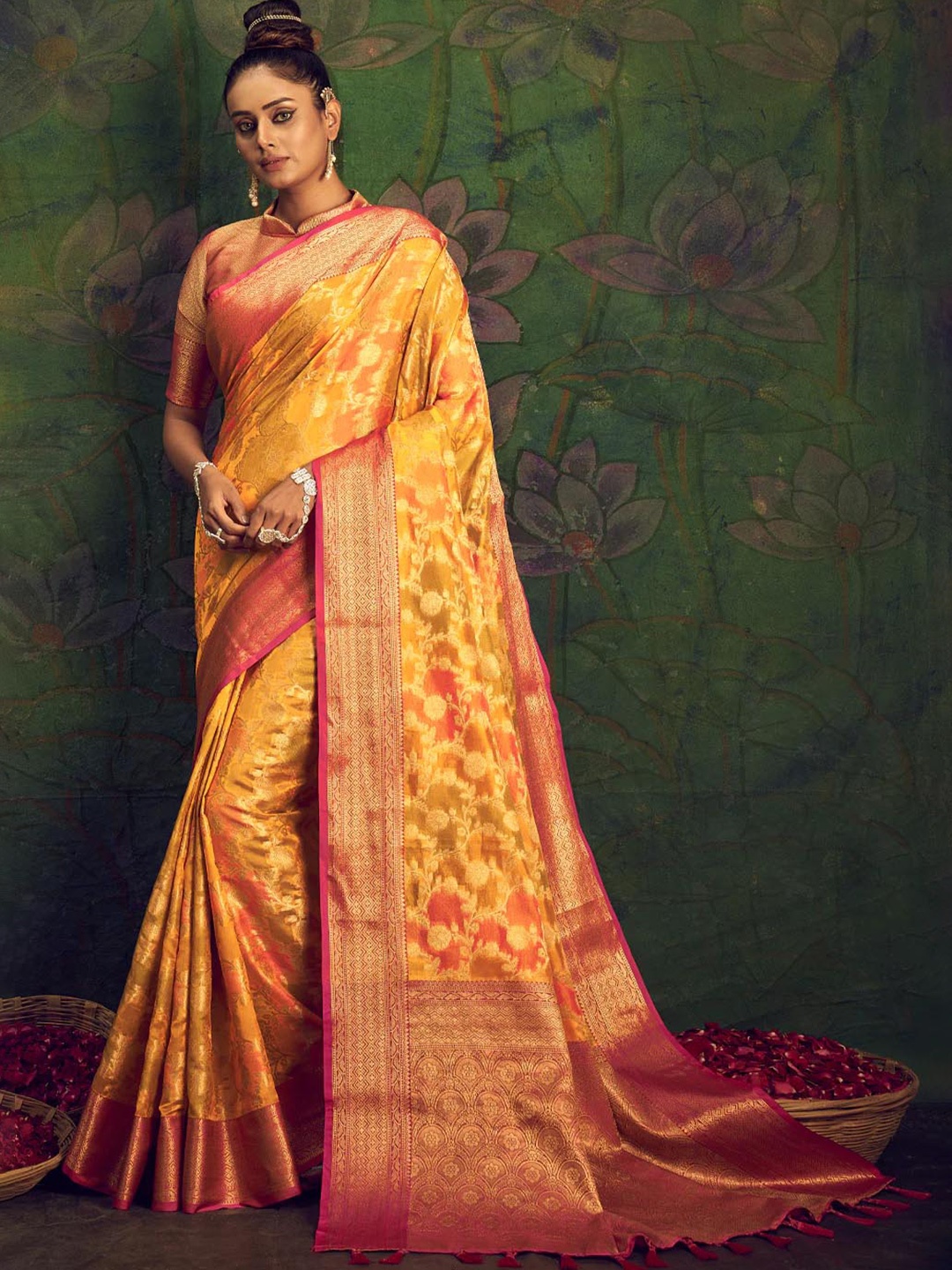 

Mitera Mustard & Gold-Toned Woven Design Zari Saree