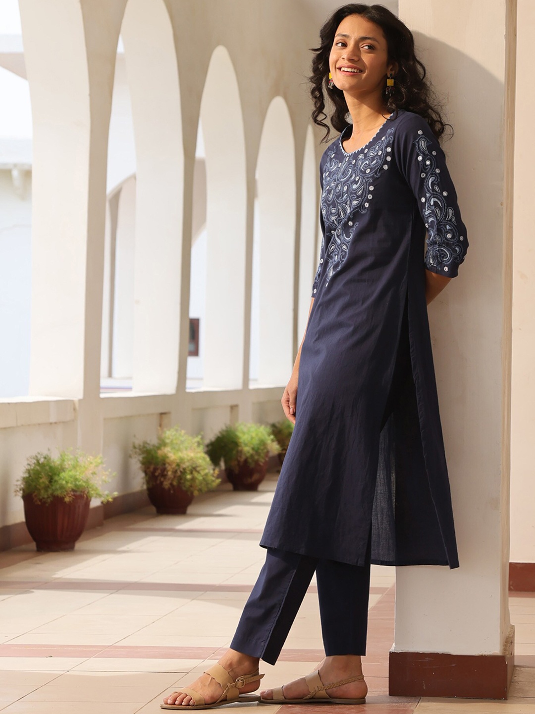 

OKHAI Ethnic Motifs Embroidered Thread Work Pure Cotton Kurta With Trousers, Blue