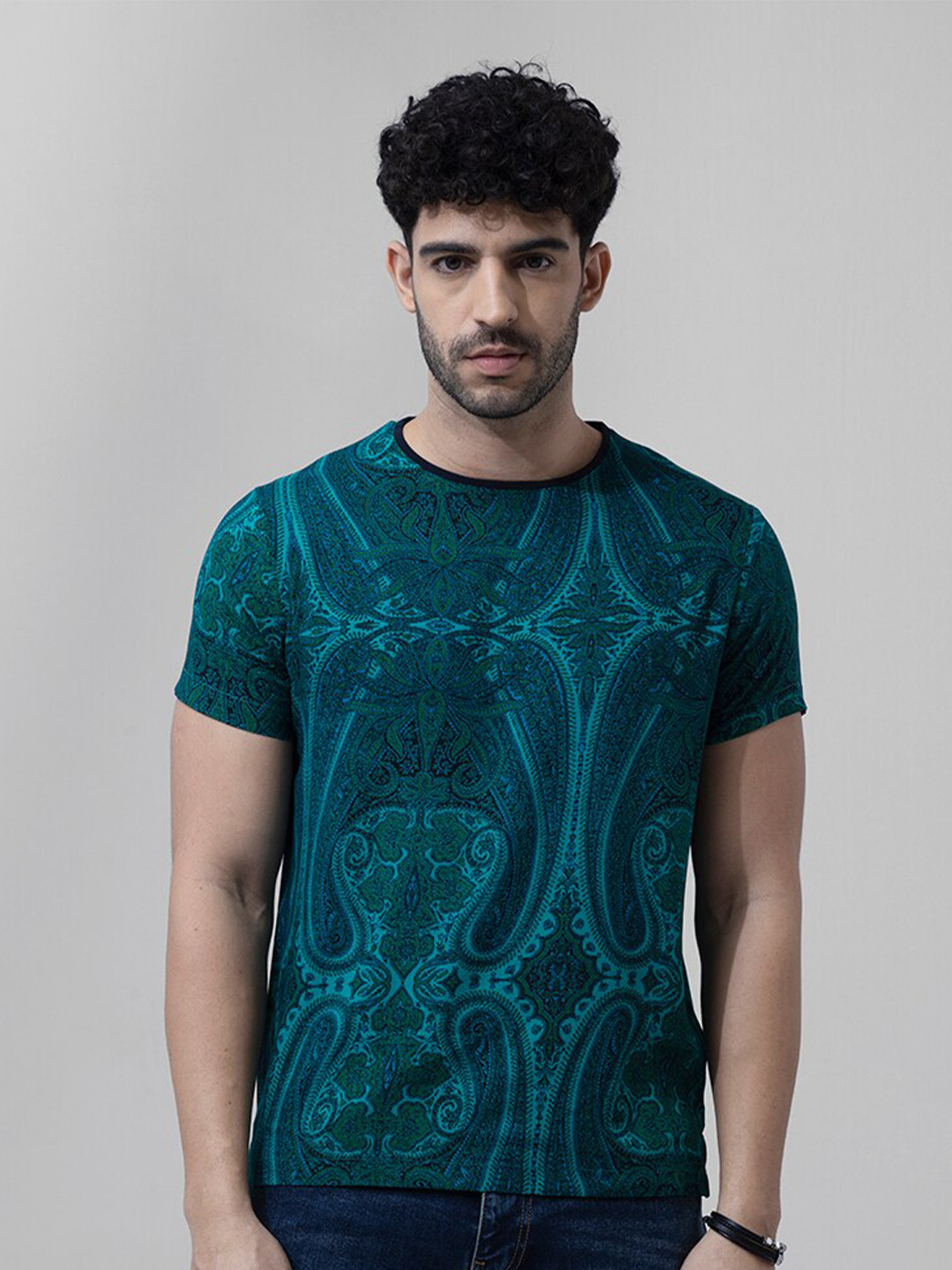 

Snitch Teal Green Ethnic Motifs Printed Knitted T-Shirt