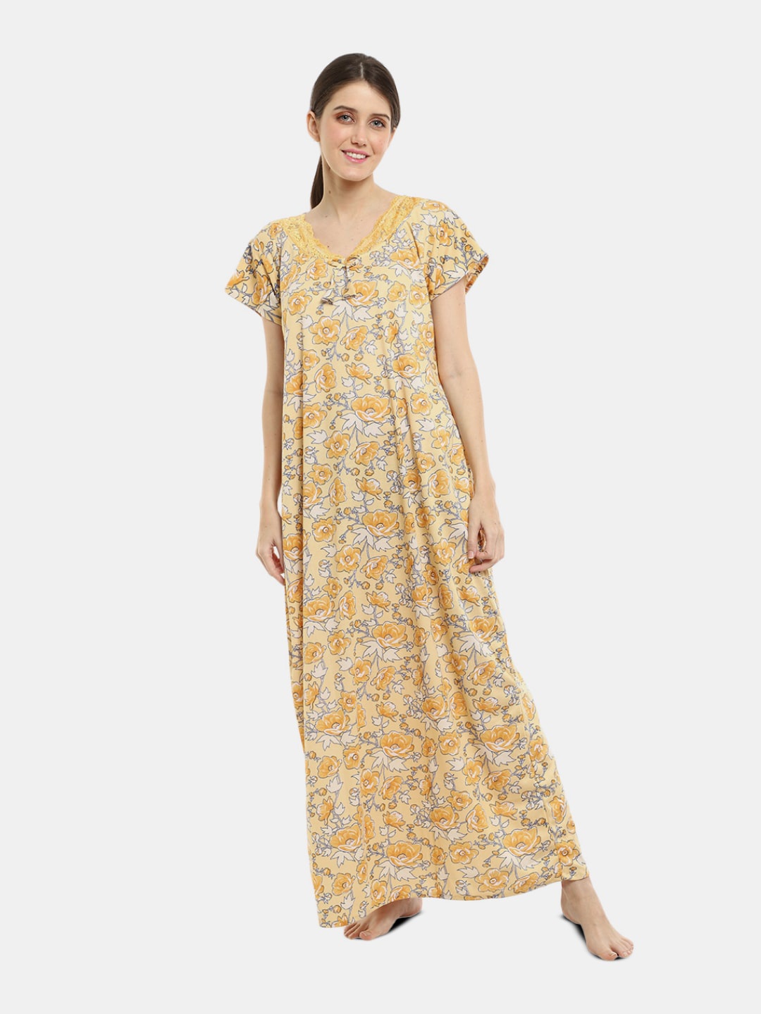 

V-Mart V-Neck Printed Pure Cotton Maxi Nightdress, Yellow