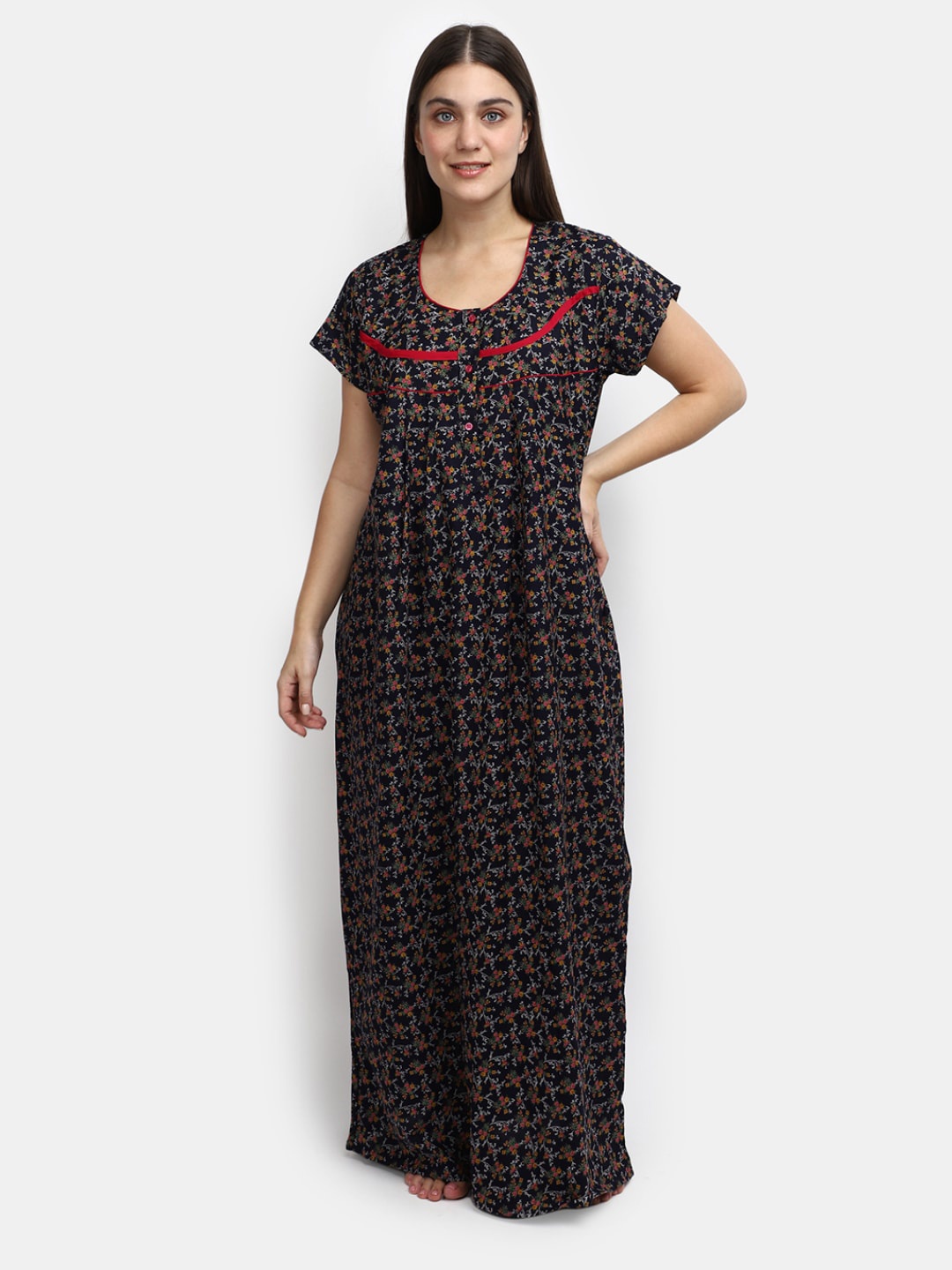 

V-Mart Floral Printed Pure Cotton Maxi Nightdress, Blue