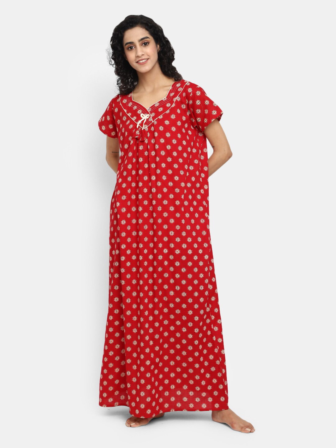 

V-Mart Ethnic Motifs Printed Pure Cotton Maxi Nightdress, Red
