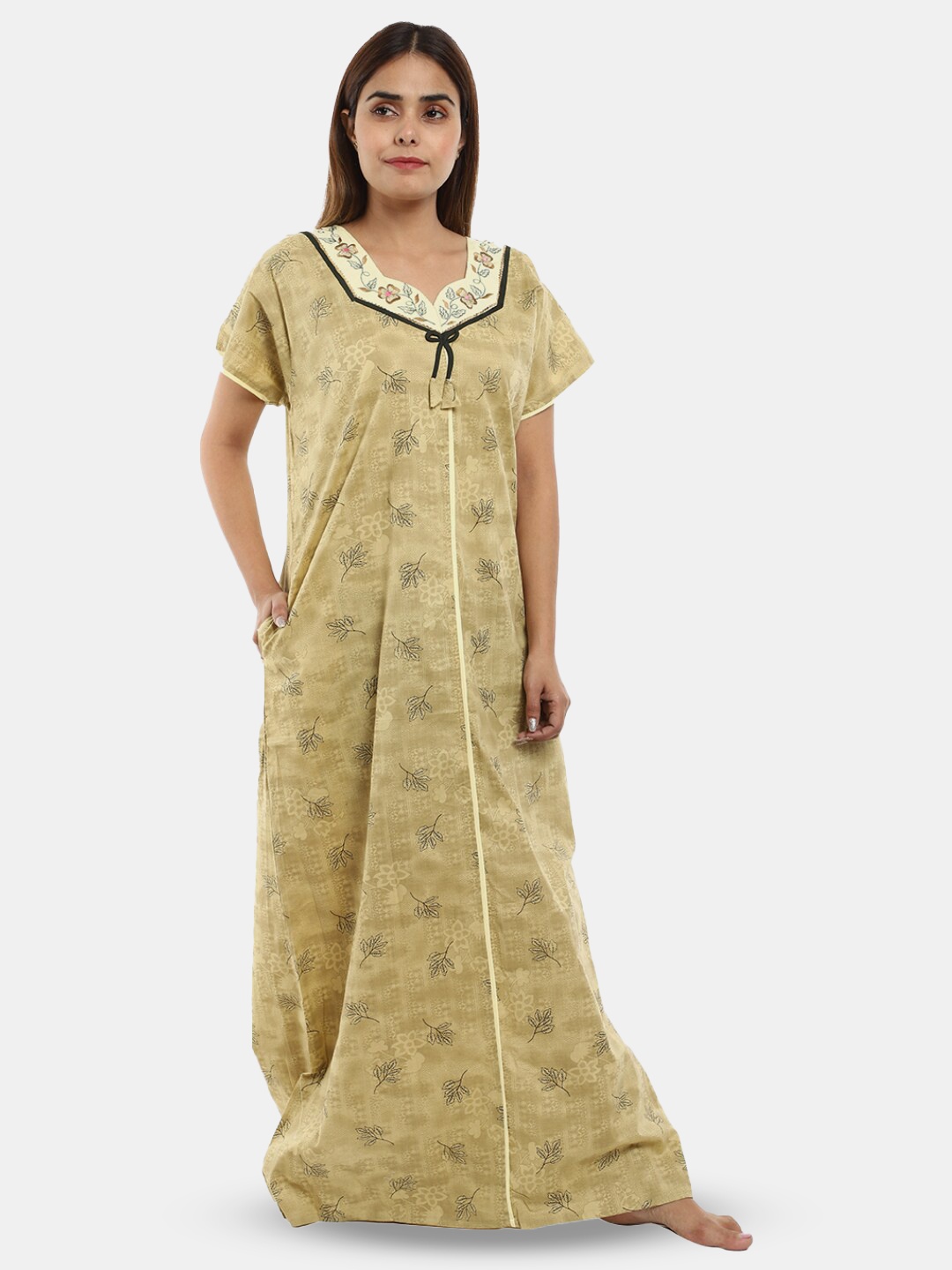 

V-Mart Floral Printed Pure Cotton Maxi Nightdress, Beige