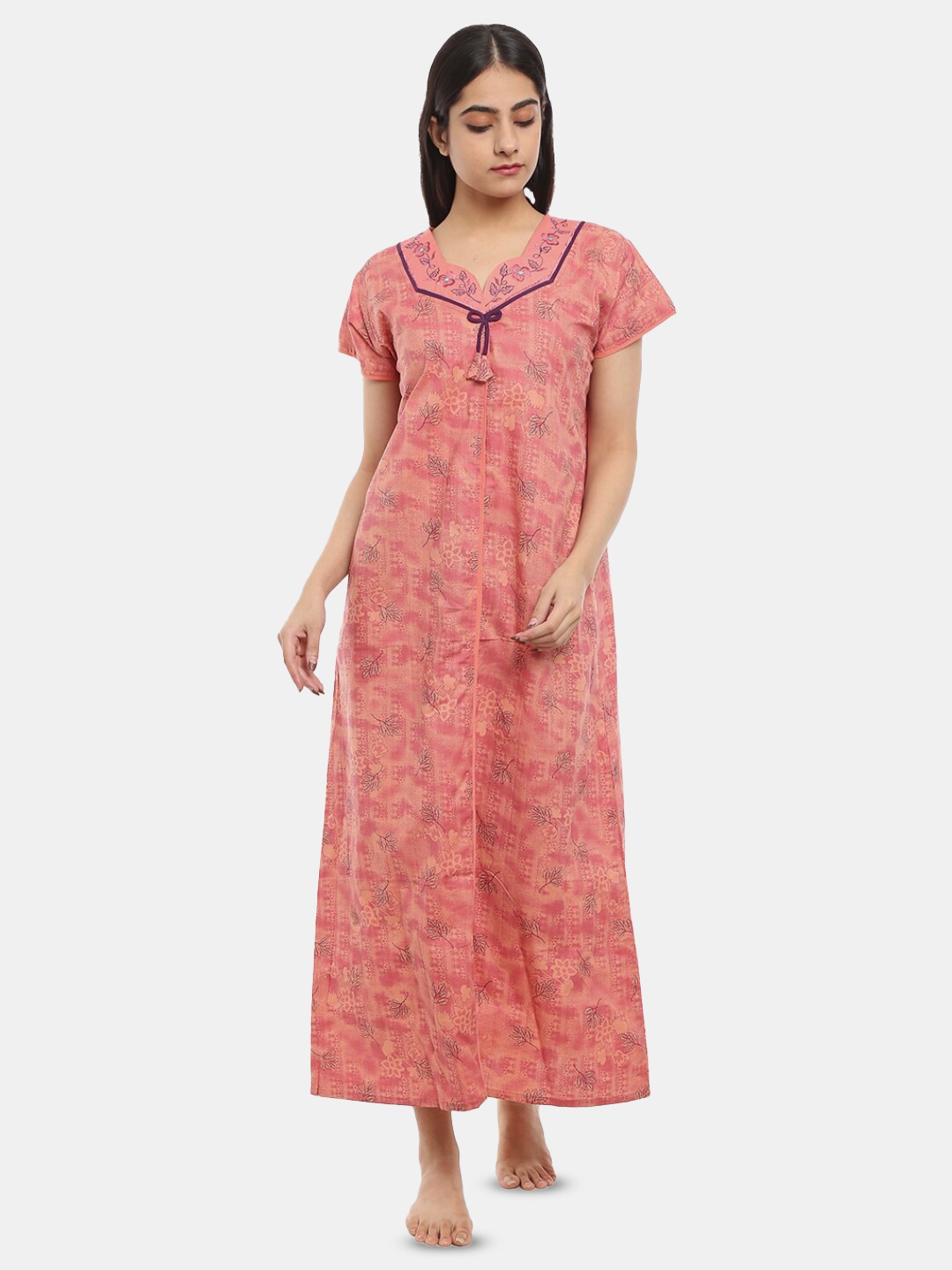 

V-Mart Floral Printed Pure Cotton Maxi Nightdress, Pink