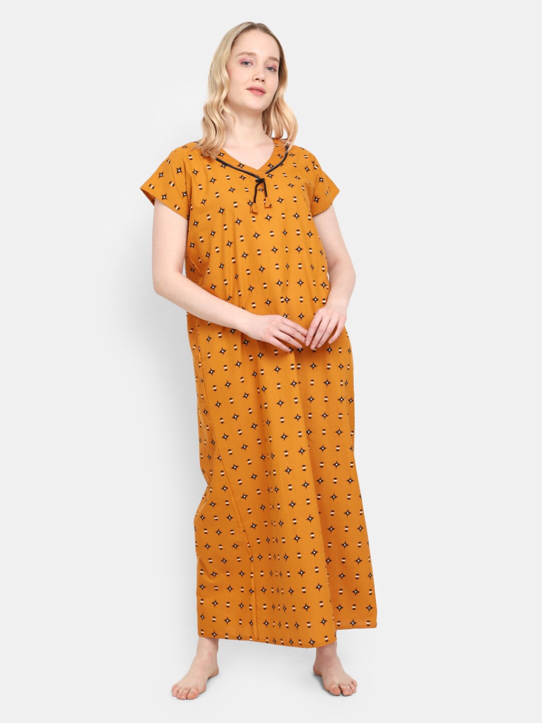 

V-Mart Abstract Printed Pure Cotton Maxi Nightdress, Yellow