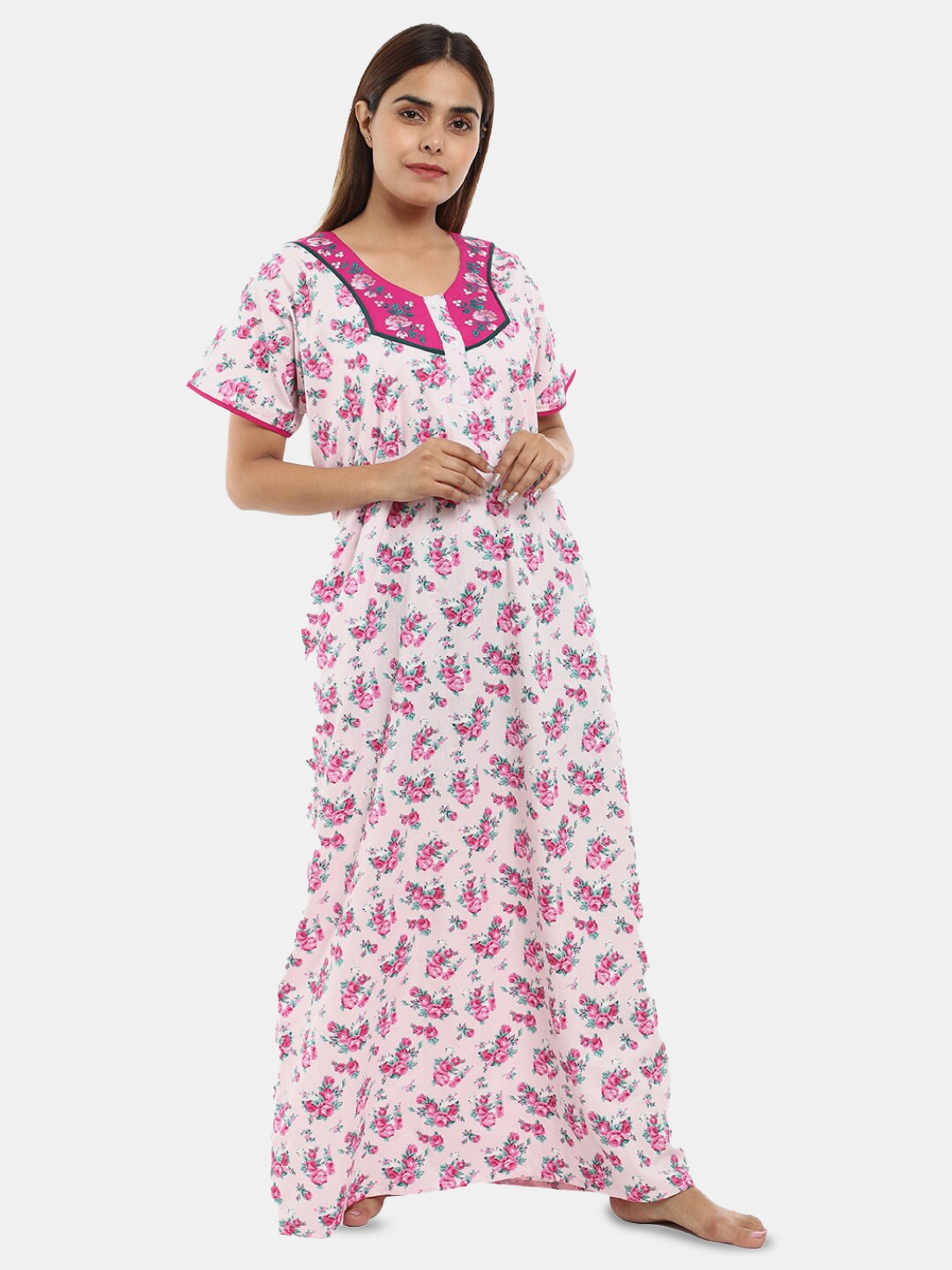 

V-Mart Floral Printed Pure Cotton Maxi Nightdress, Pink