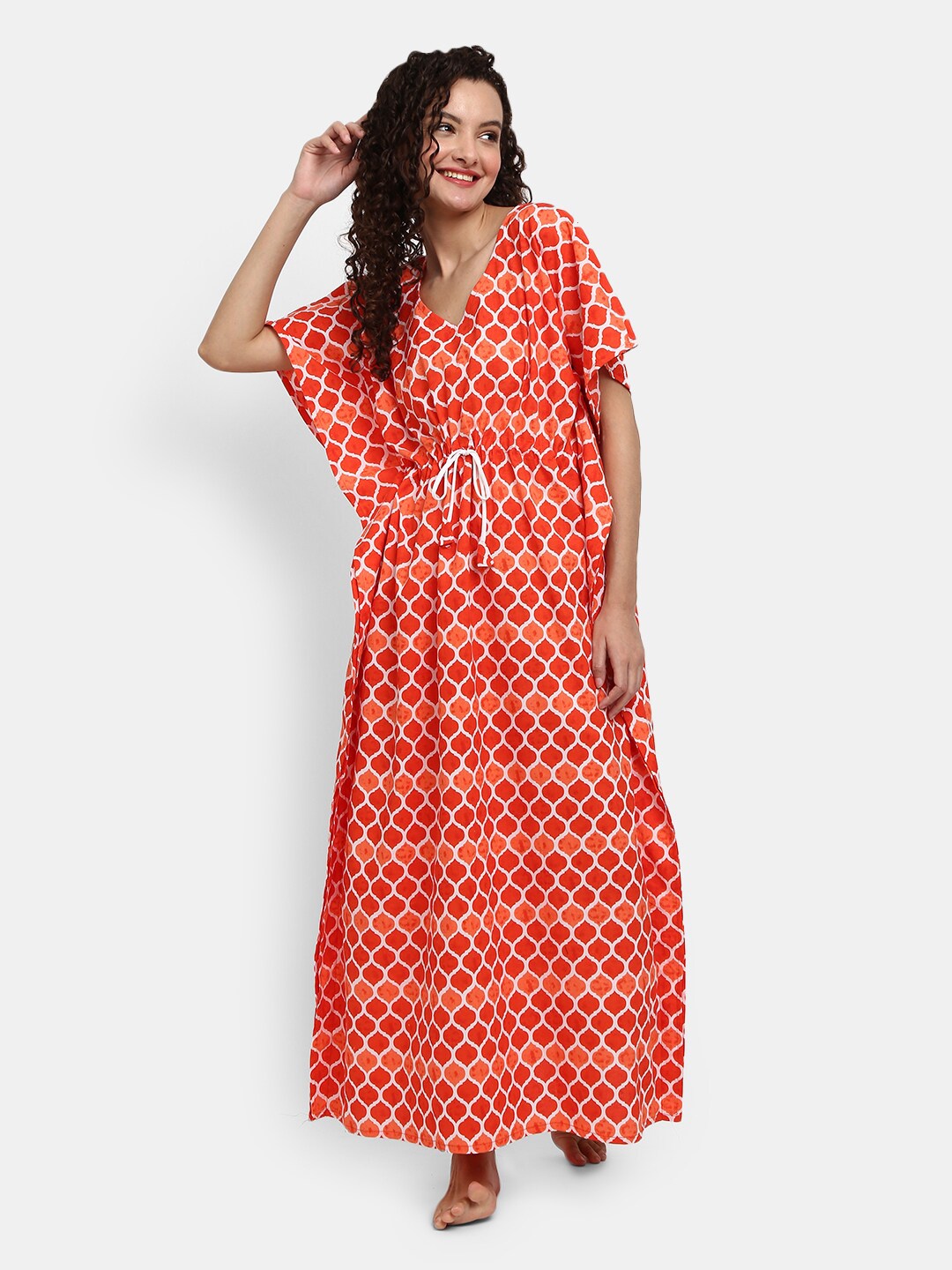 

V-Mart V-Neck Printed Pure Cotton Kaftan Nightdress, Pink