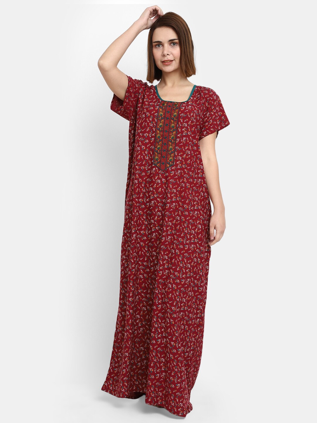 

V-Mart Floral Printed Pure Cotton Maxi Nightdress, Maroon