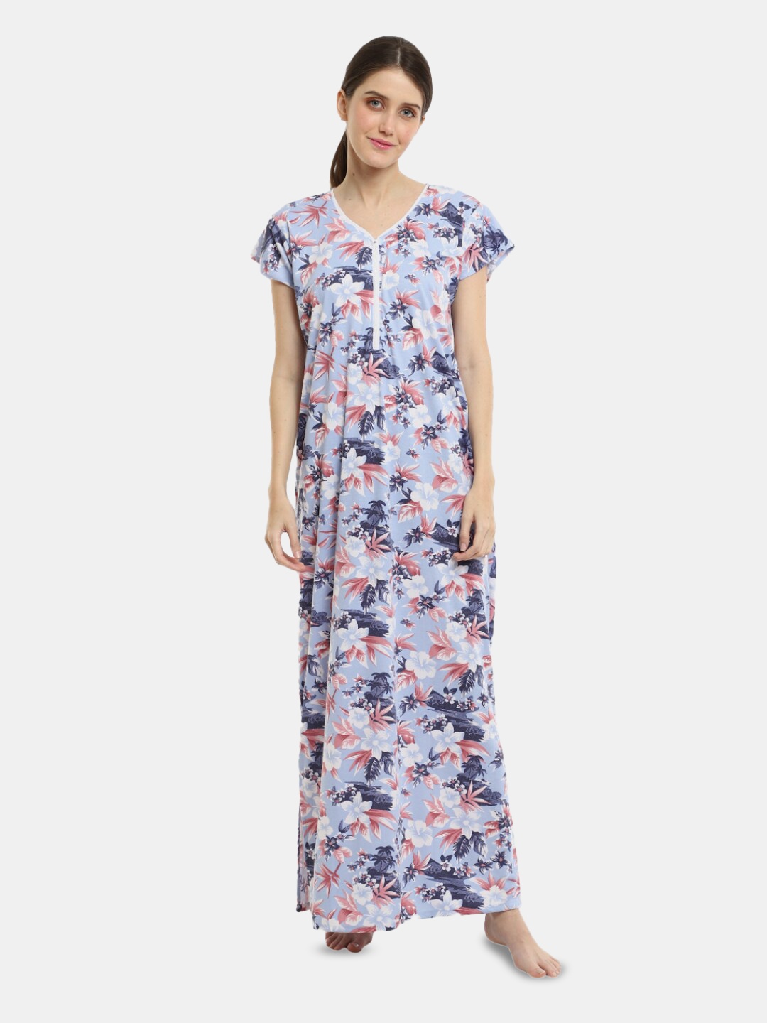 

V-Mart Floral Printed Pure Cotton Maxi Nightdress, Blue