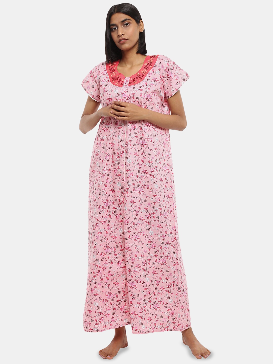 

V-Mart Floral Printed Pure Cotton Maxi Nightdress, Pink