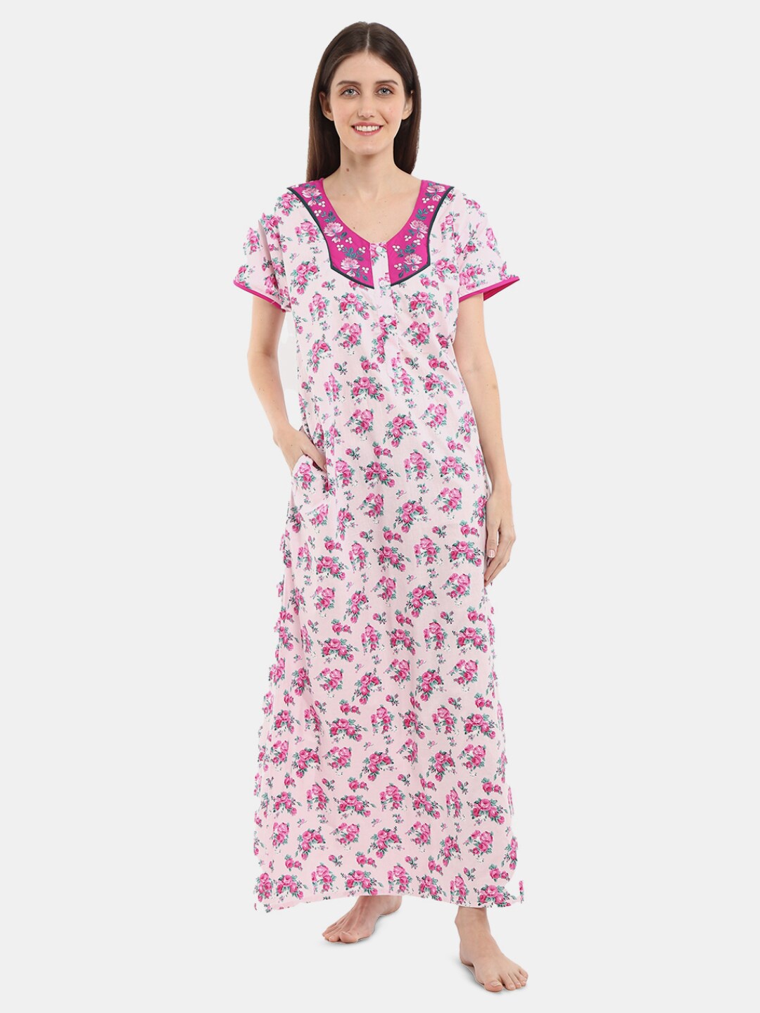 

V-Mart Floral Printed Pure Cotton Maxi Nightdress, Pink