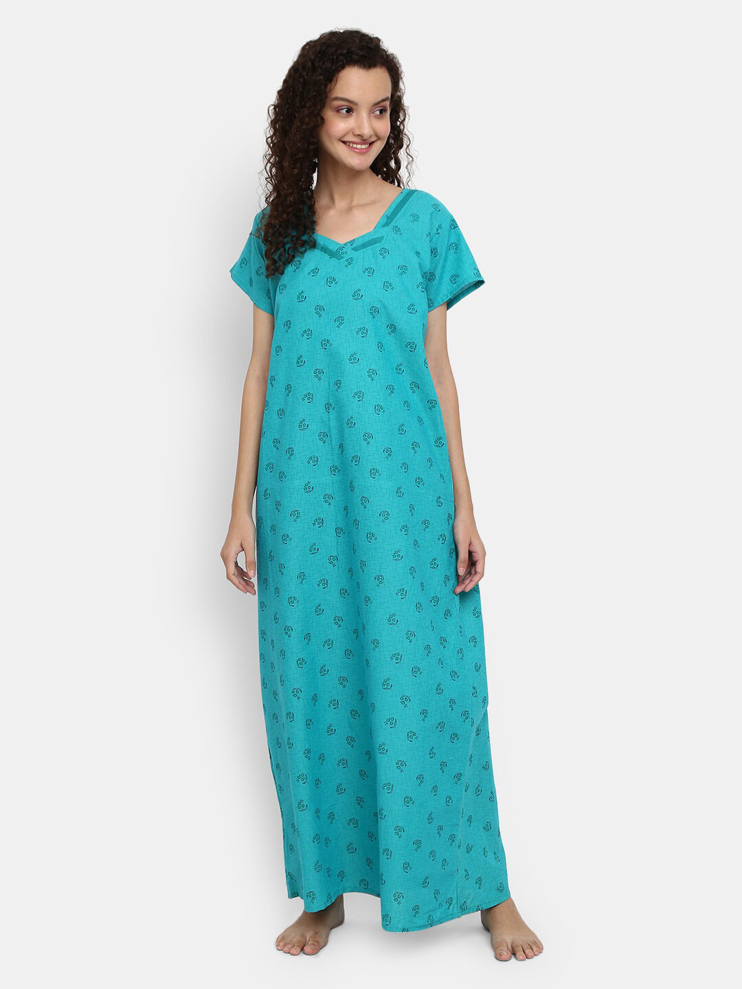 

V-Mart Sweetheart Neck Printed Pure Cotton Maxi Nightdress, Green