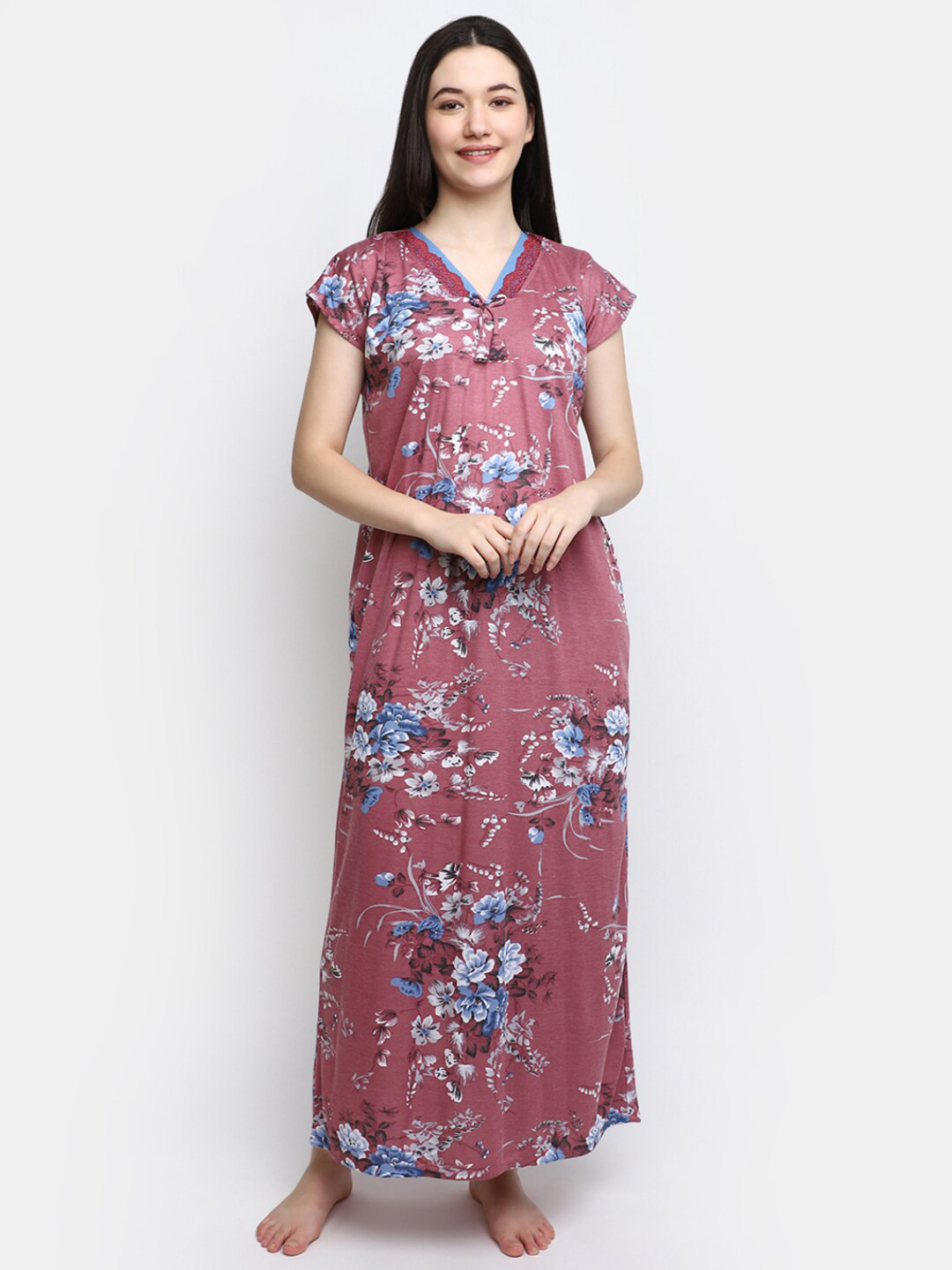 

V-Mart Floral Printed Pure Cotton Maxi Nightdress, Mauve