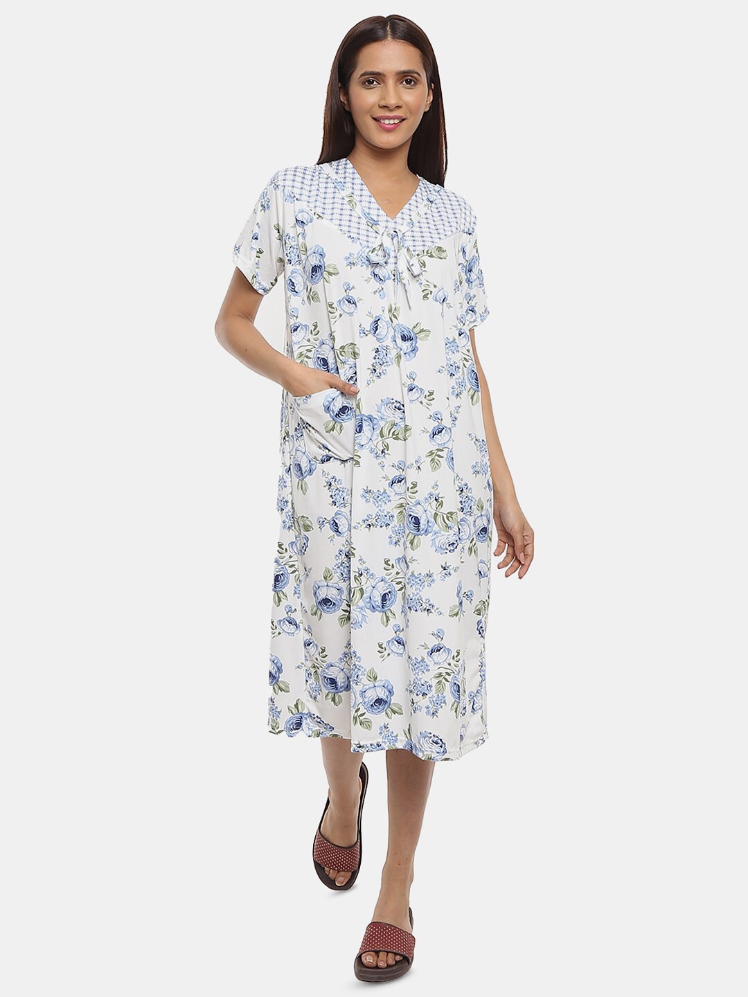

V-Mart V-Neck Printed Pure Cotton Nightdress, White