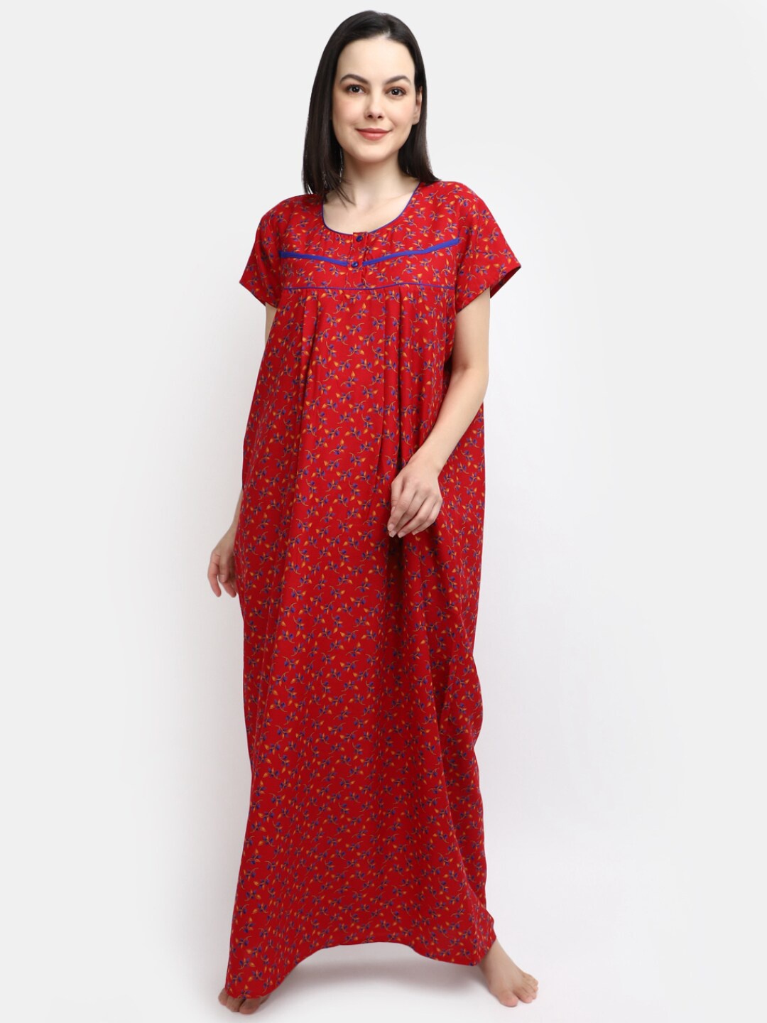 

V-Mart Floral Printed Pure Cotton Maxi Nightdress, Red