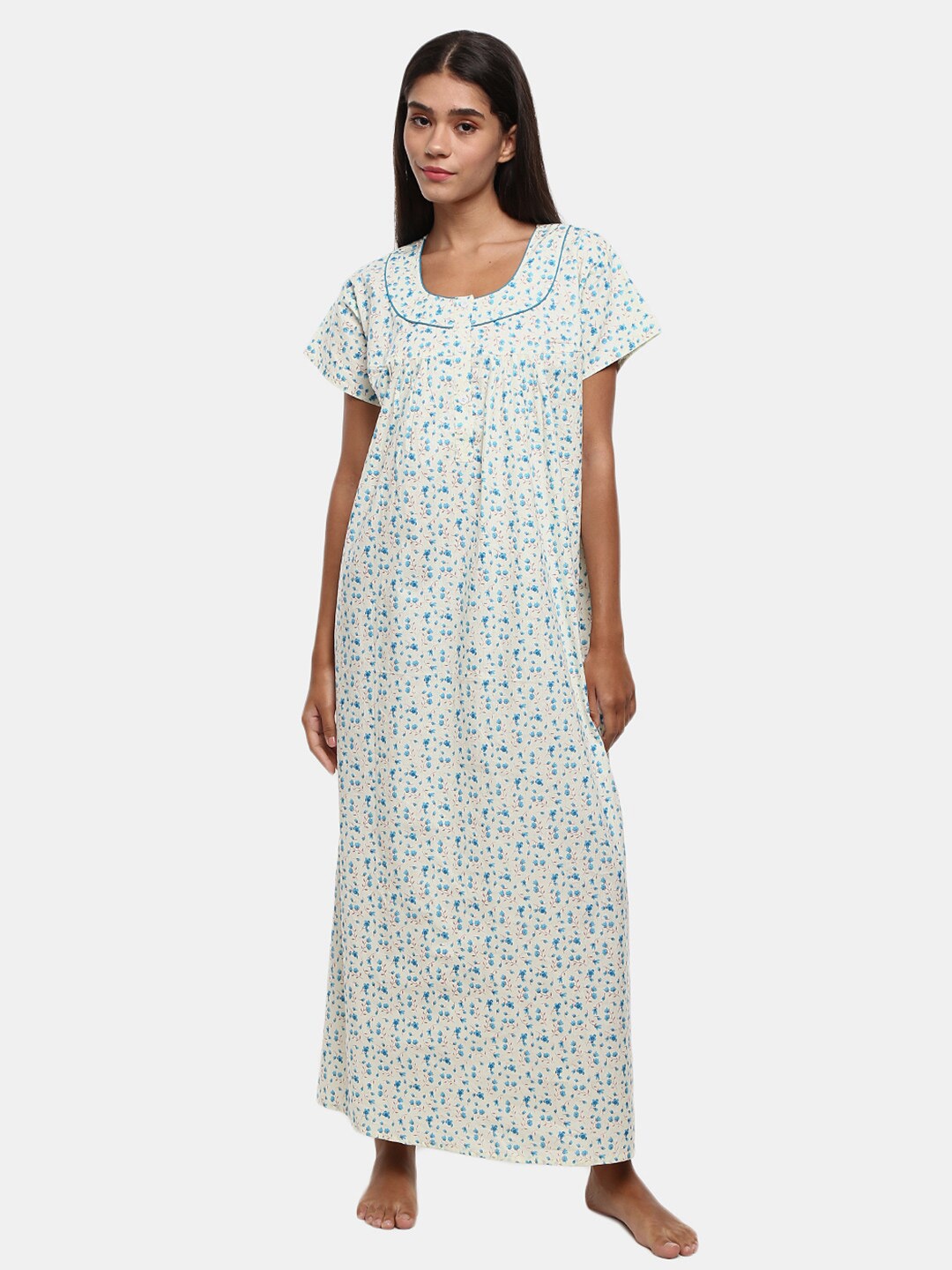 

V-Mart Floral Printed Pure Cotton Maxi Nightdress, White