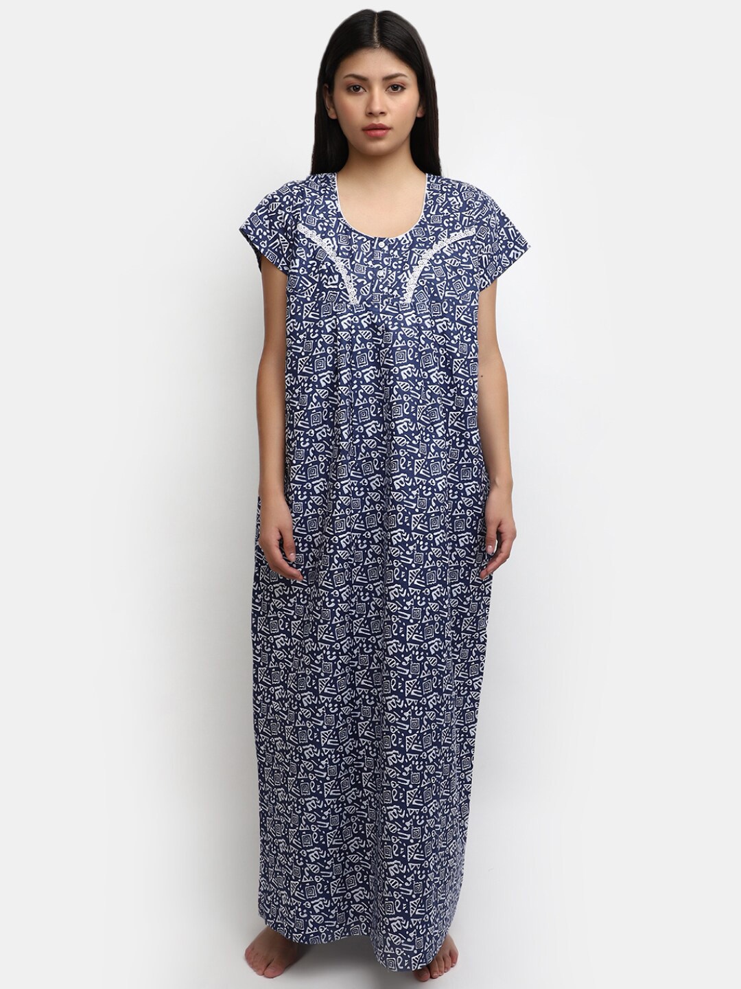 

V-Mart Abstract Printed Pure Cotton Maxi Nightdress, Blue