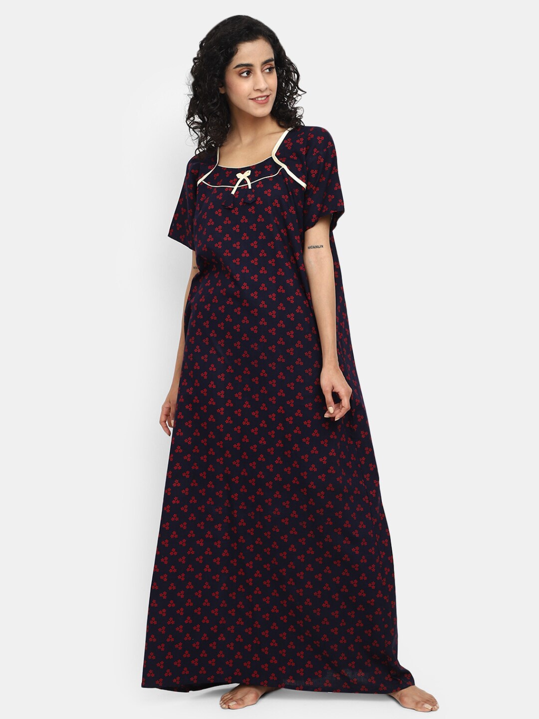 

V-Mart Square Neck Printed Pure Cotton Maxi Nightdress, Blue