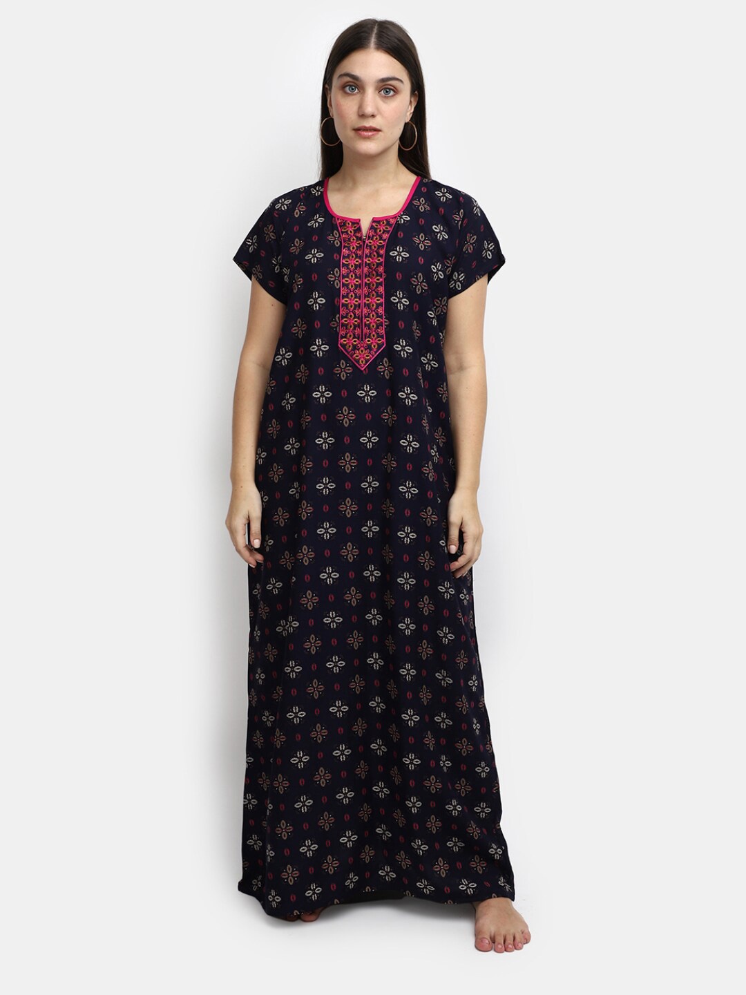 

V-Mart Floral Printed Pure Cotton Maxi Nightdress, Navy blue