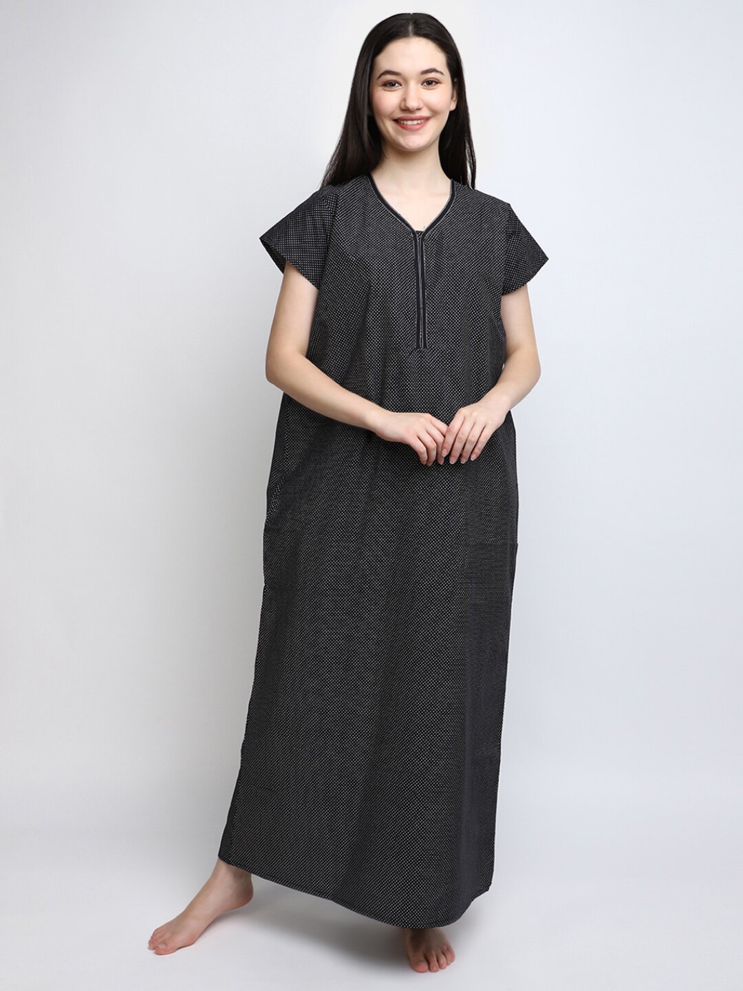 

V-Mart Polka Dots Printed Pure Cotton Maxi Nightdress, Black