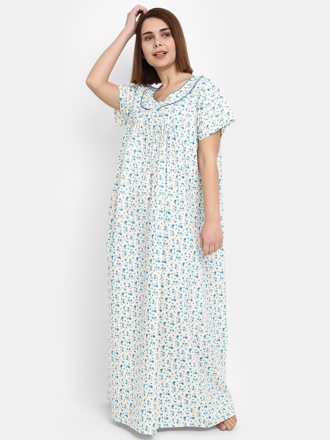 

V-Mart Floral Printed Pure Cotton Maxi Nightdress, White