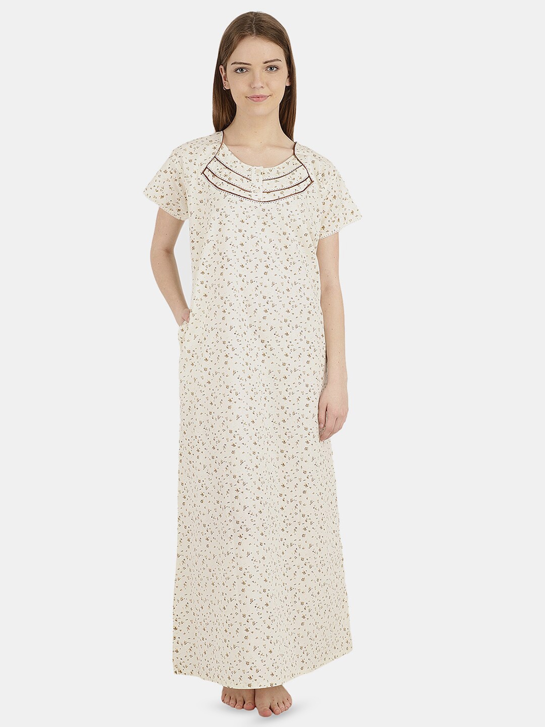 

V-Mart Floral Printed Cotton Maxi Nightdress, Off white