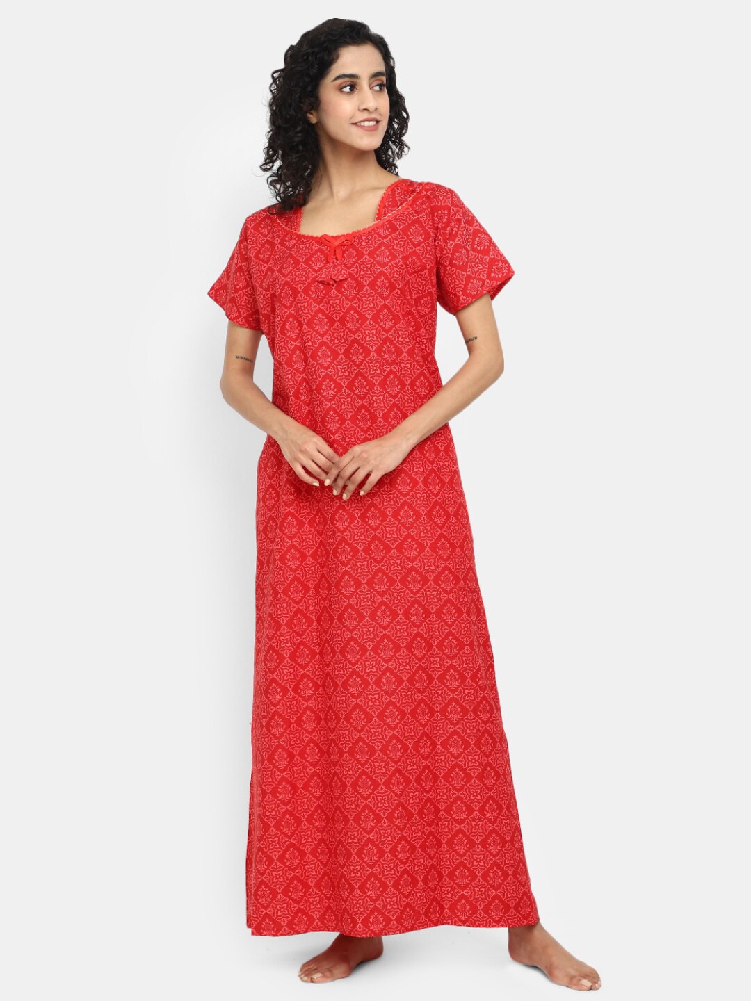 

V-Mart Ethnic Motifs Printed Maxi Cotton Nightdress, Red