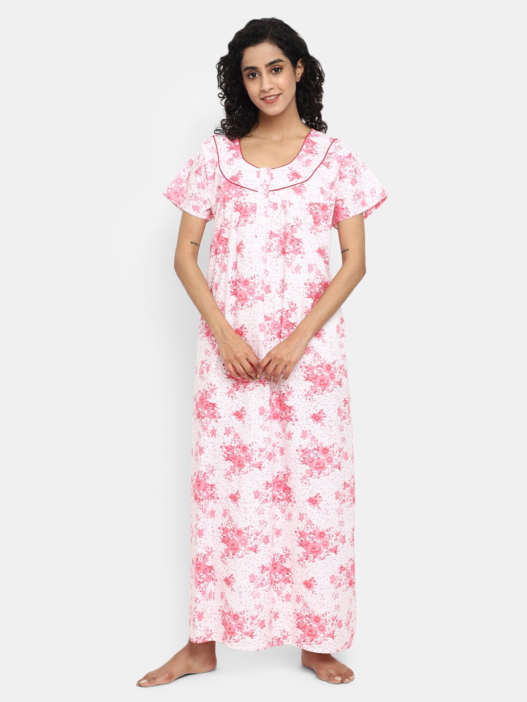 

V-Mart Floral Printed Pure Cotton Maxi Nightdress, White