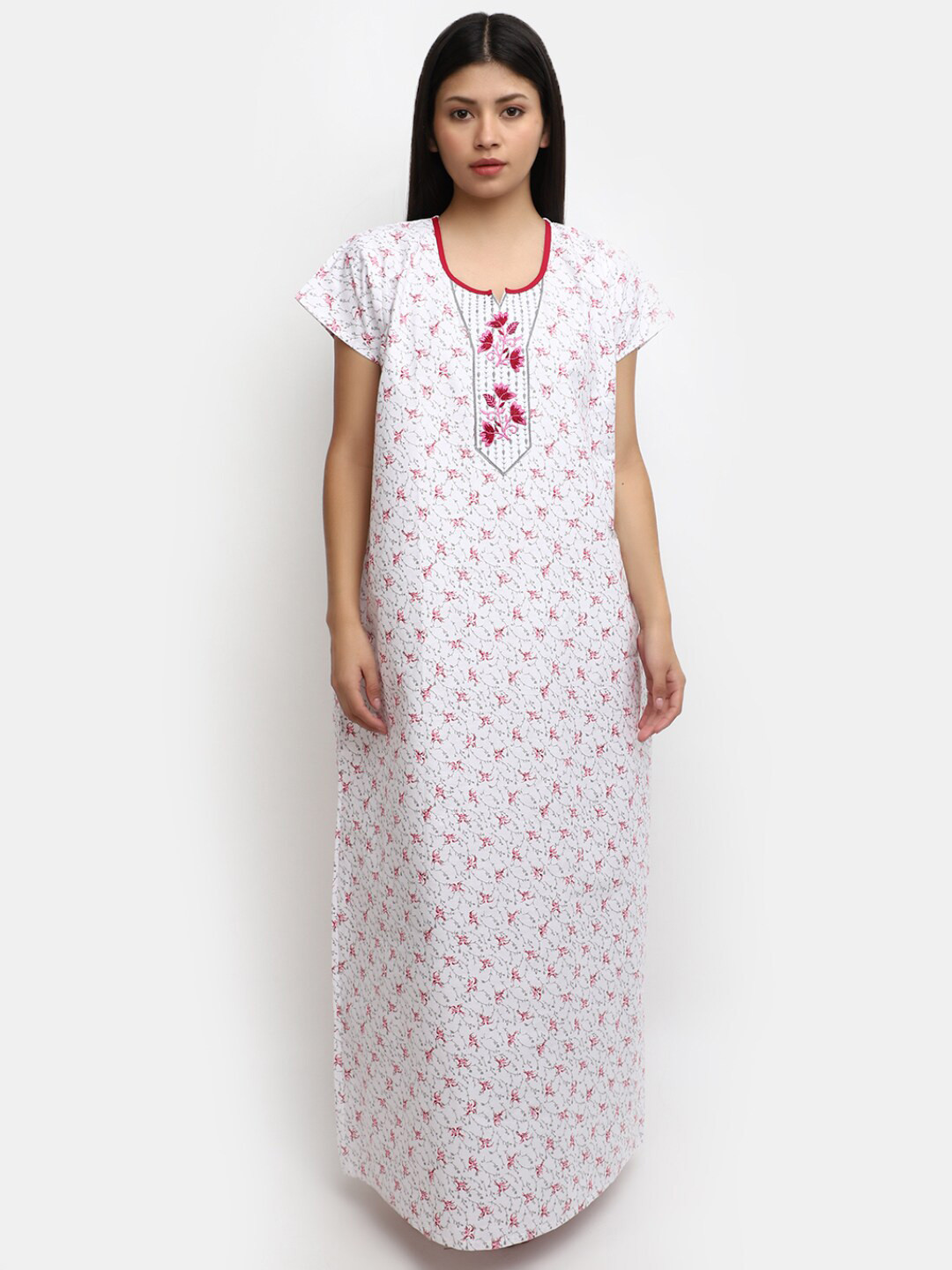 

V-Mart Floral Printed Pure Cotton Maxi Nightdress, Pink