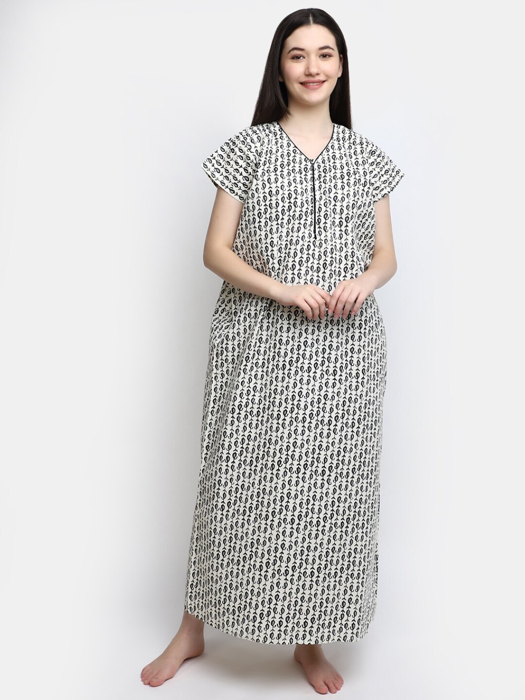 

V-Mart Pailsey Printed Pure Cotton Maxi Nightdress, Off white