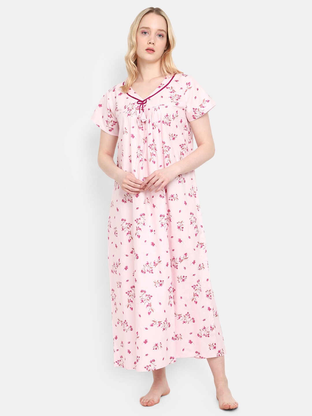 

V-Mart Floral Printed Pure Cotton Maxi Nightdress, Pink