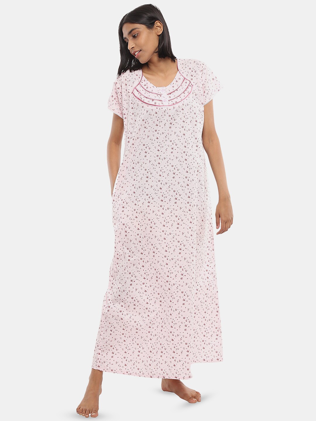 

V-Mart Floral Printed Pure Cotton Maxi Nightdress, Off white