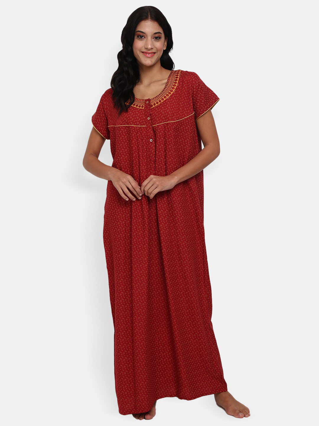 

V-Mart Printed Round Neck Maxi Nightdress, Maroon