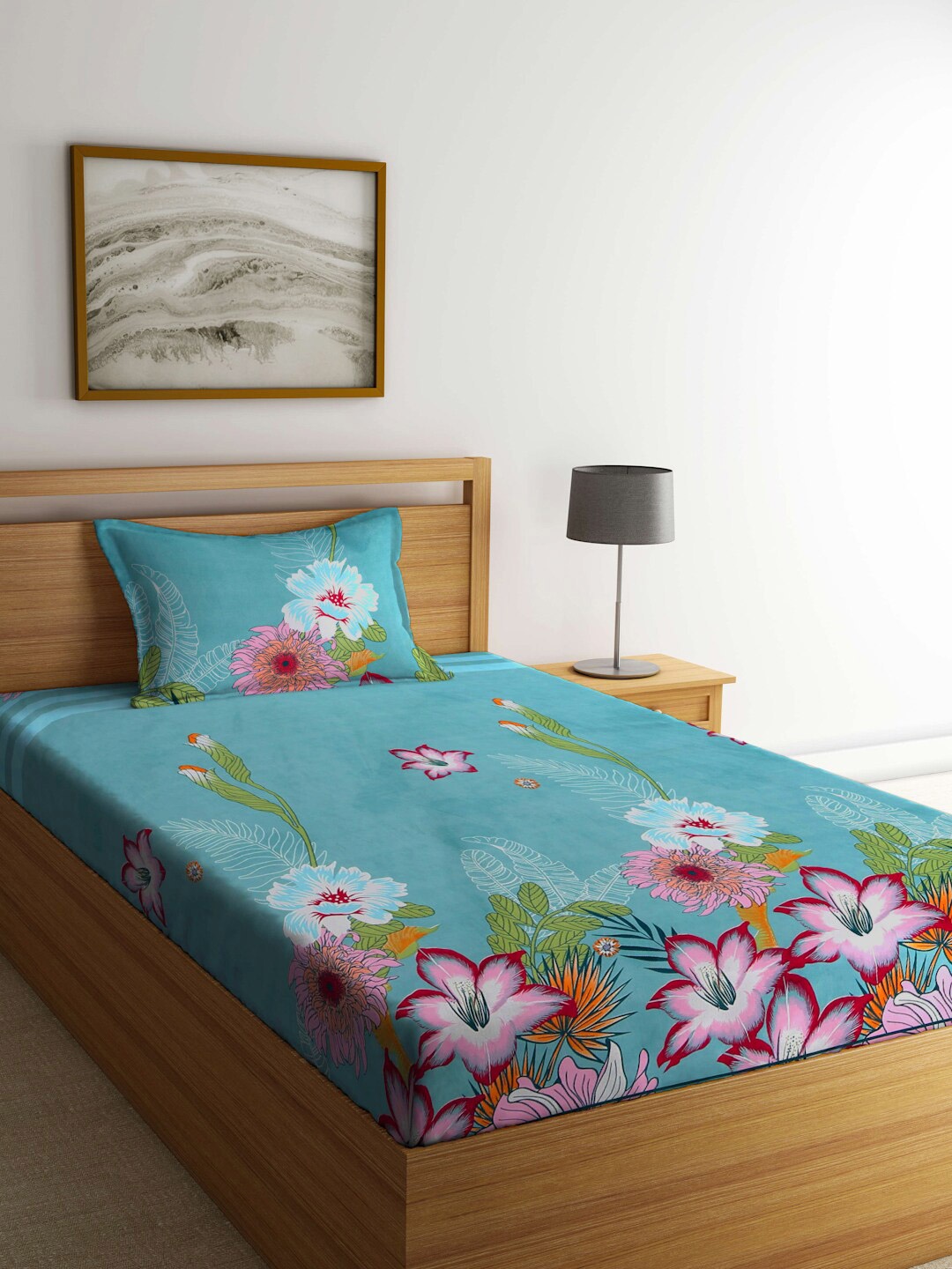 

FABINALIV Teal & Pink Floral 300 TC Fitted Single Bedsheet With Pillow Cover