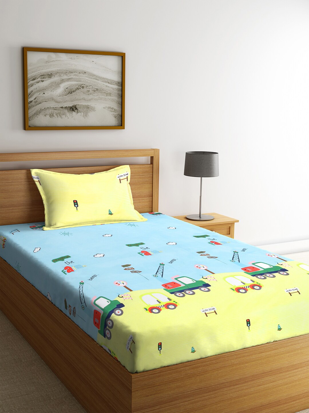 

FABINALIV Yellow Cartoon Characters Fitted 300 TC Single Bedsheet With 1 Pillow Cover, Blue
