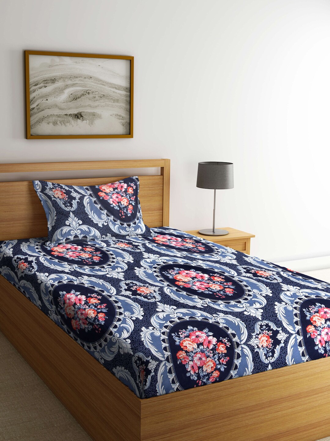 

FABINALIV Blue & White Floral 300 TC Fitted Single Bedsheet With Pillow Cover