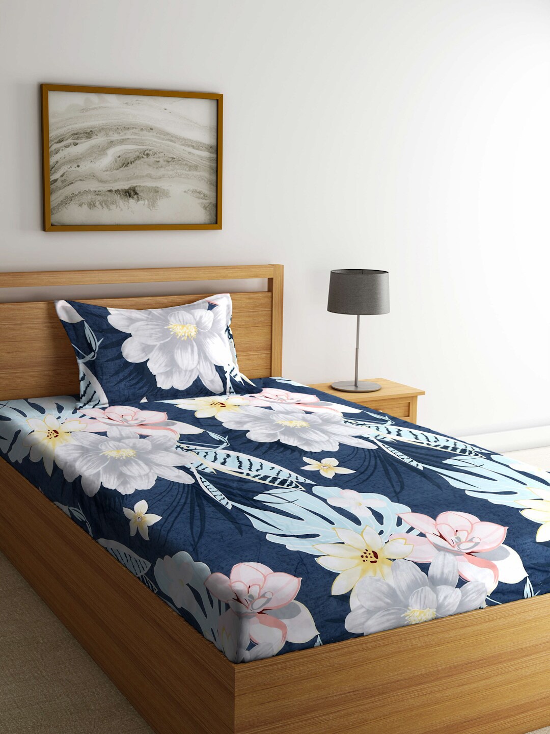 

FABINALIV Blue & White Floral 300 TC Fitted Single Bedsheet With 1 Pillow Cover