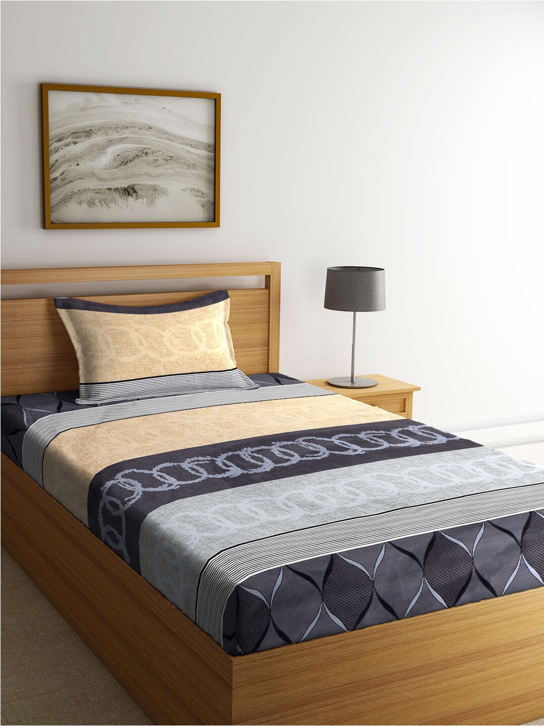 

FABINALIV Grey & Khaki Printed 300 TC Fitted Single Bedsheet With 1 Pillow Cover