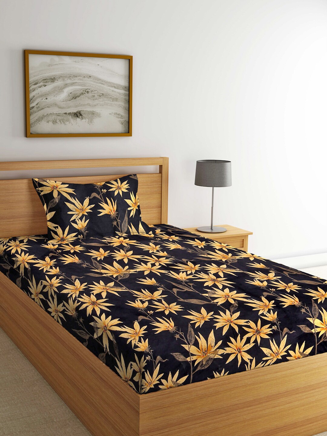 

FABINALIV Black & Yellow Floral 300 TC Fitted Single Bedsheet With Pillow Cover