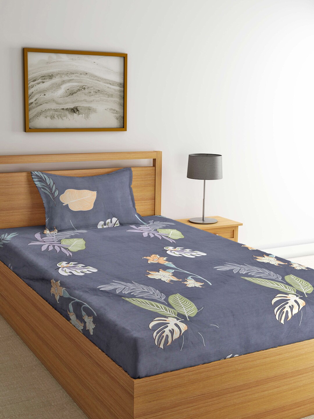 

FABINALIV Grey & Green Floral Fitted 300 TC Single Bedsheet With 1 Pillow Cover