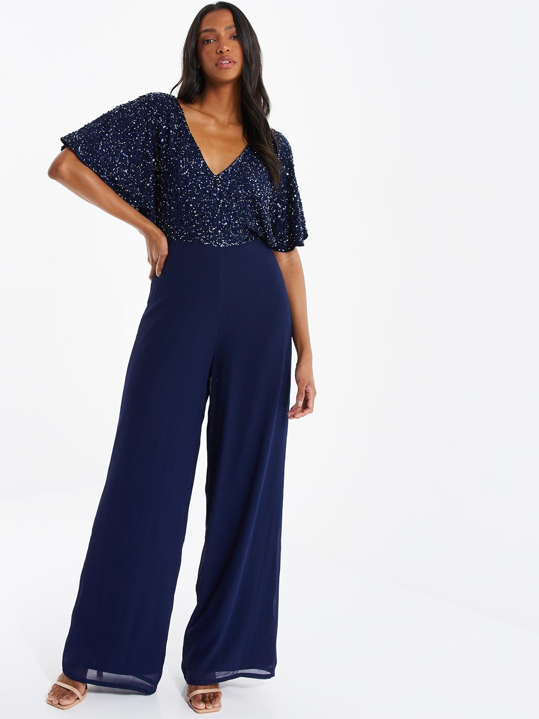 

QUIZ Self Design Embellished V-Neck Basic Jumpsuit, Navy blue