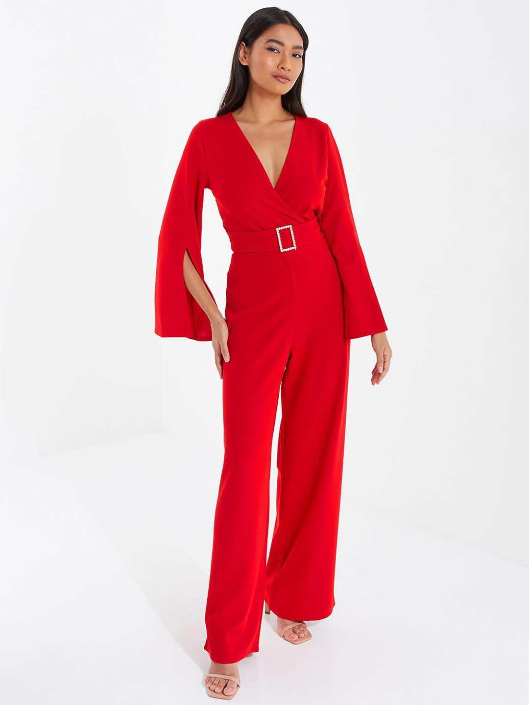 

QUIZ V-Neck Basic Jumpsuit, Red