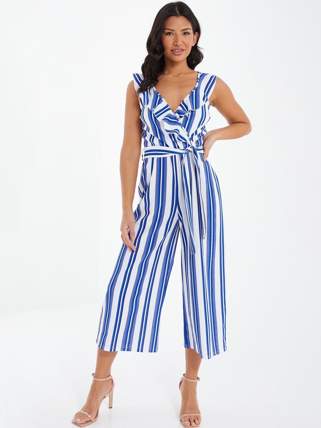 

QUIZ Striped Ruffled Waist Tie-Ups Basic Jumpsuit, Blue