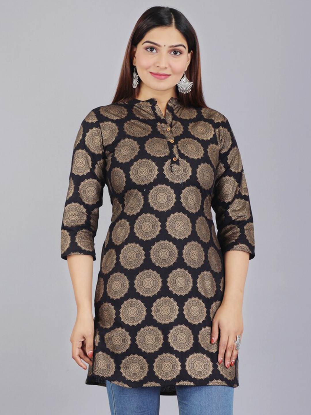 

KALINI Ethnic Motifs Printed Mandarin Collar Pure Cotton Pathani Kurti, Black