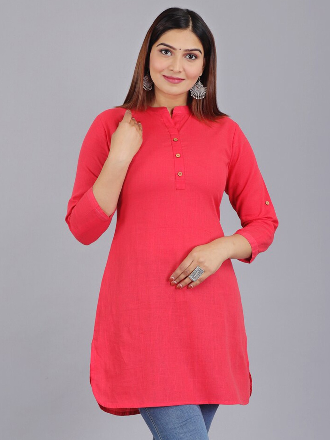 

KALINI Mandarin Collar Pure Cotton Pathani Kurti, Red