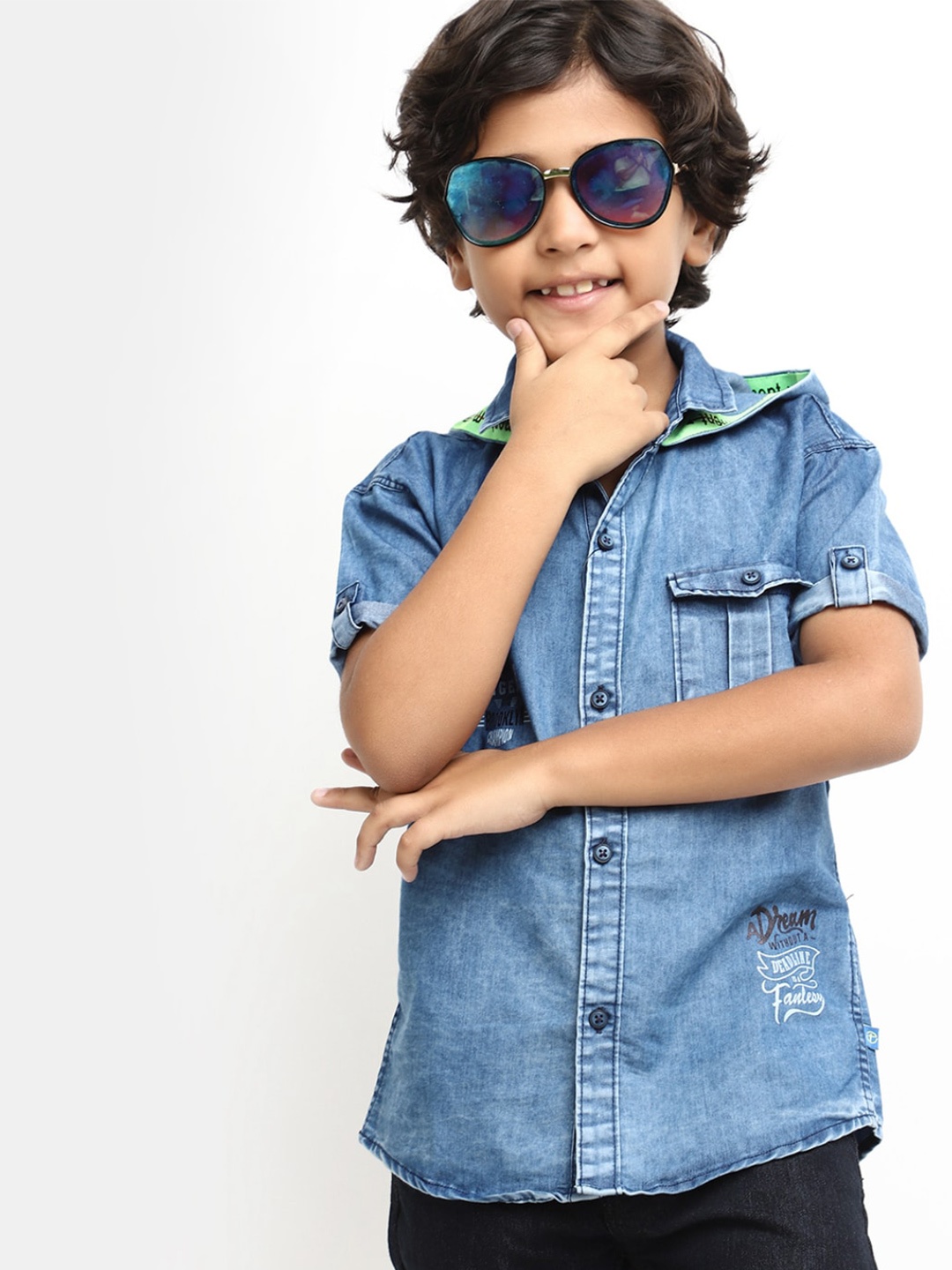 

V-Mart Boys Typography Printed Denim Casual Shirt, Blue
