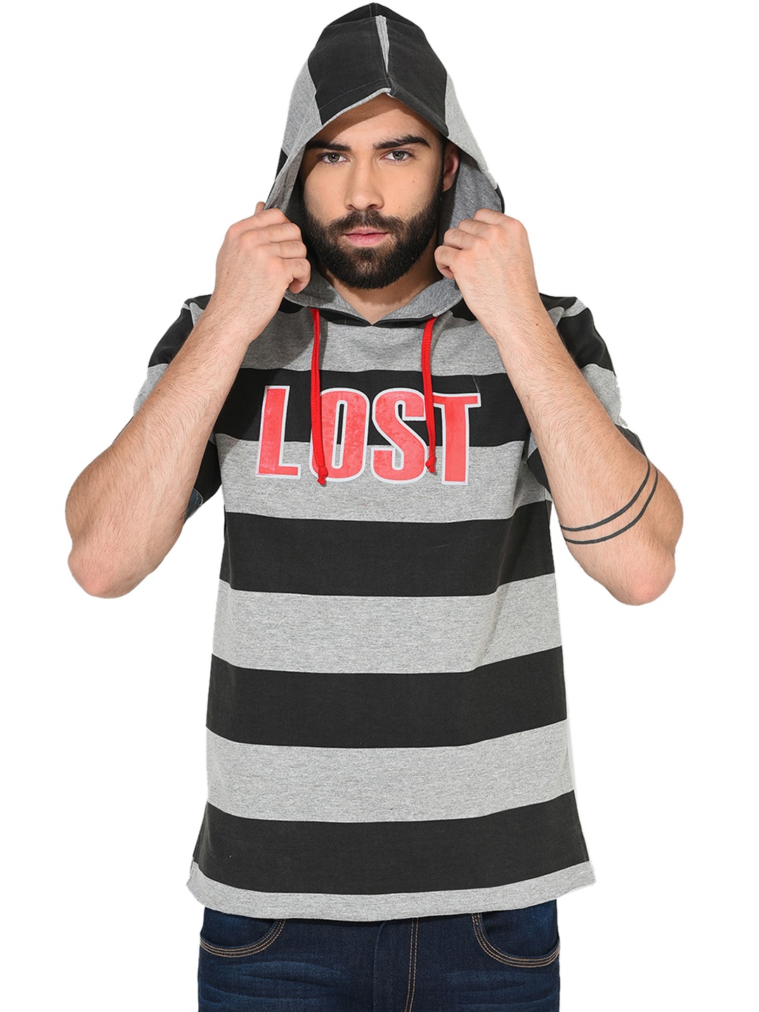 

GRITSTONES Men Grey Melange Striped Hood T-shirt